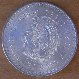 Cuauhtemoc Cinco Pesos 1948.  900 Silver Coin photo