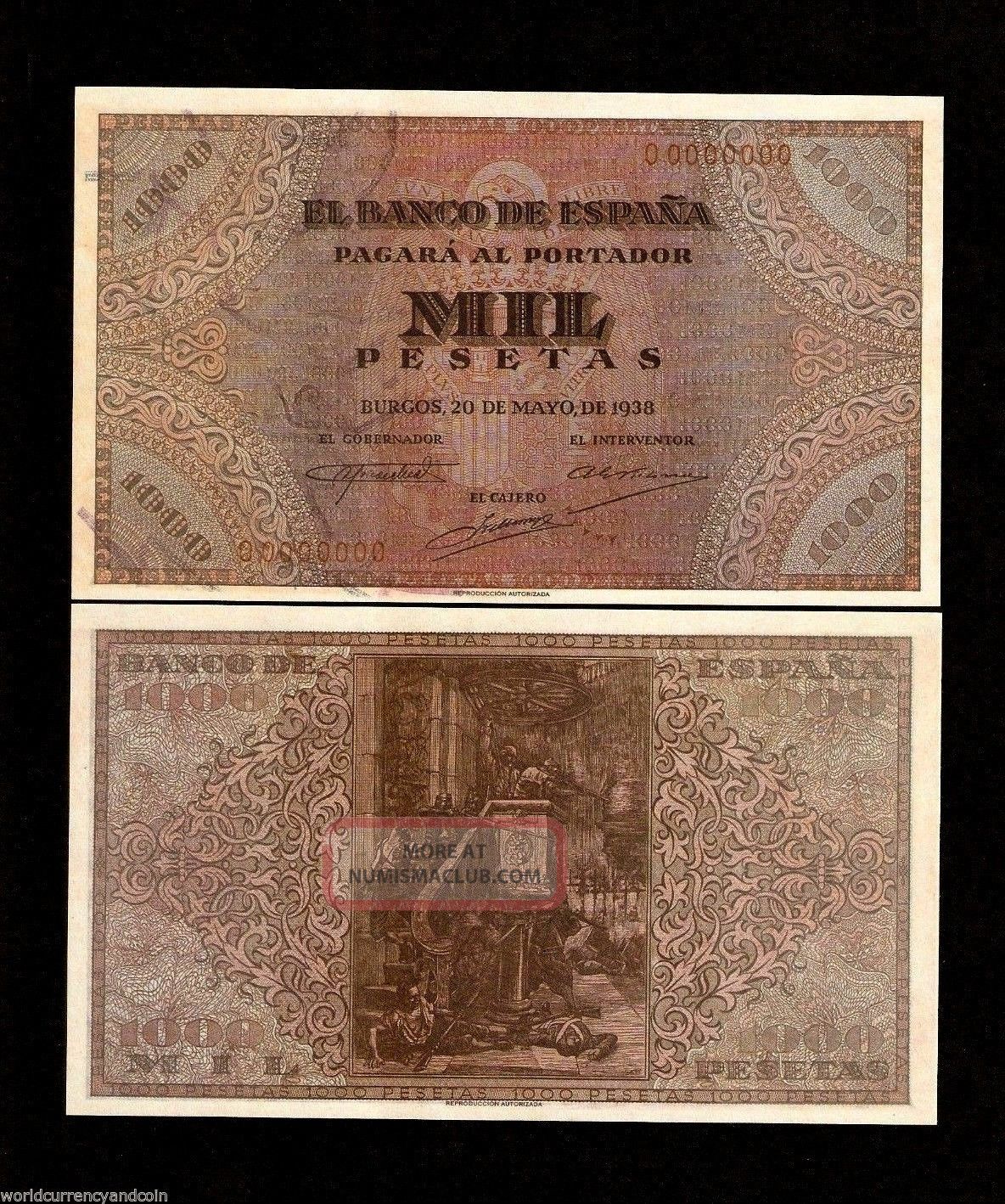 Spain 1000 Pesetas 1938 El Banco De Espana Specimen Replica Currency Money Bill Europe photo