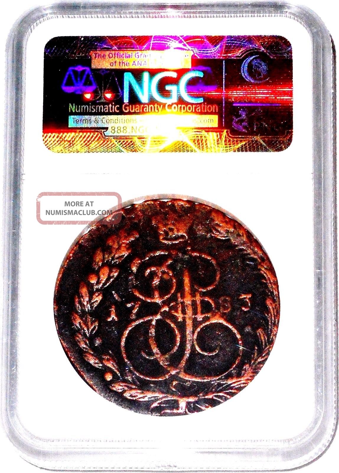 1783 Em Ngc Certified C5k Catherine The Great Coin.  High Detail & Rare Certified Russia photo