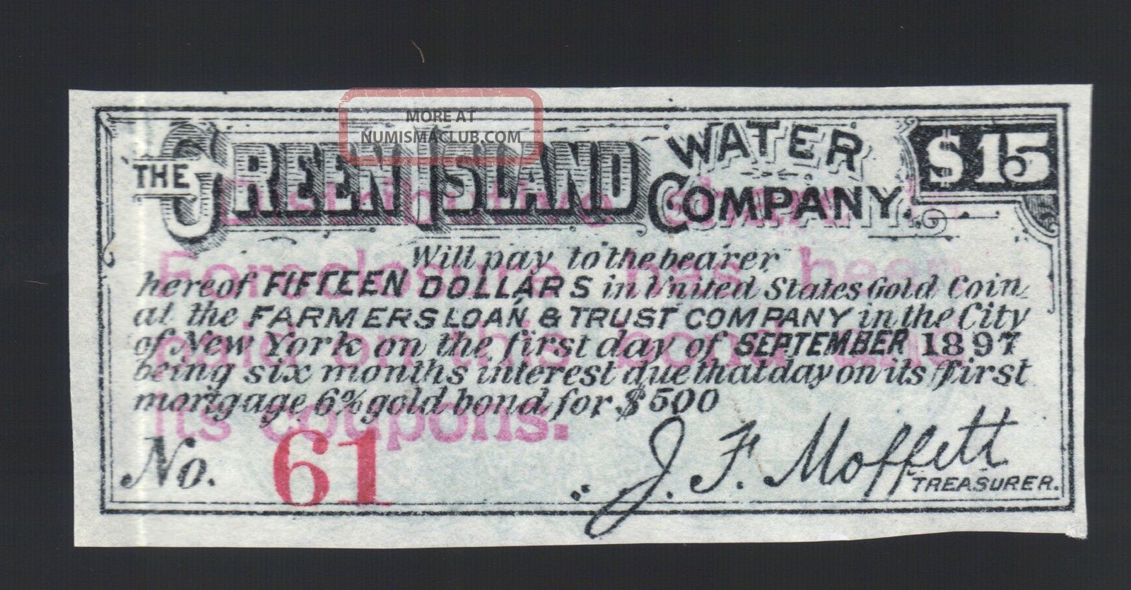 $15 1897 Green Island Water Co Certificate $500 Gold Bond Coupon Moffett Note Stocks & Bonds, Scripophily photo
