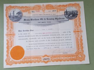Mexia - Wortham Oil & Leasing Syndicate Certificate.  Fort Worth,  Texas Jan 1923 photo