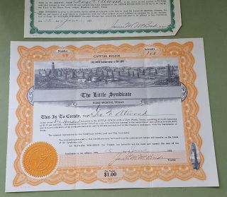 The Little Syndicate - Stock Interest Certificate - Fort Worth,  Tx 1922 W/bonus photo