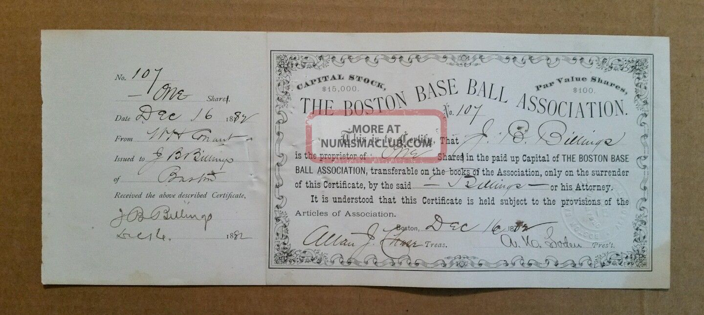 The Boston Baseball Assn.  (red Caps/beaneaters) Stock Certificate,  Dec.  16,  1882 Stocks & Bonds, Scripophily photo